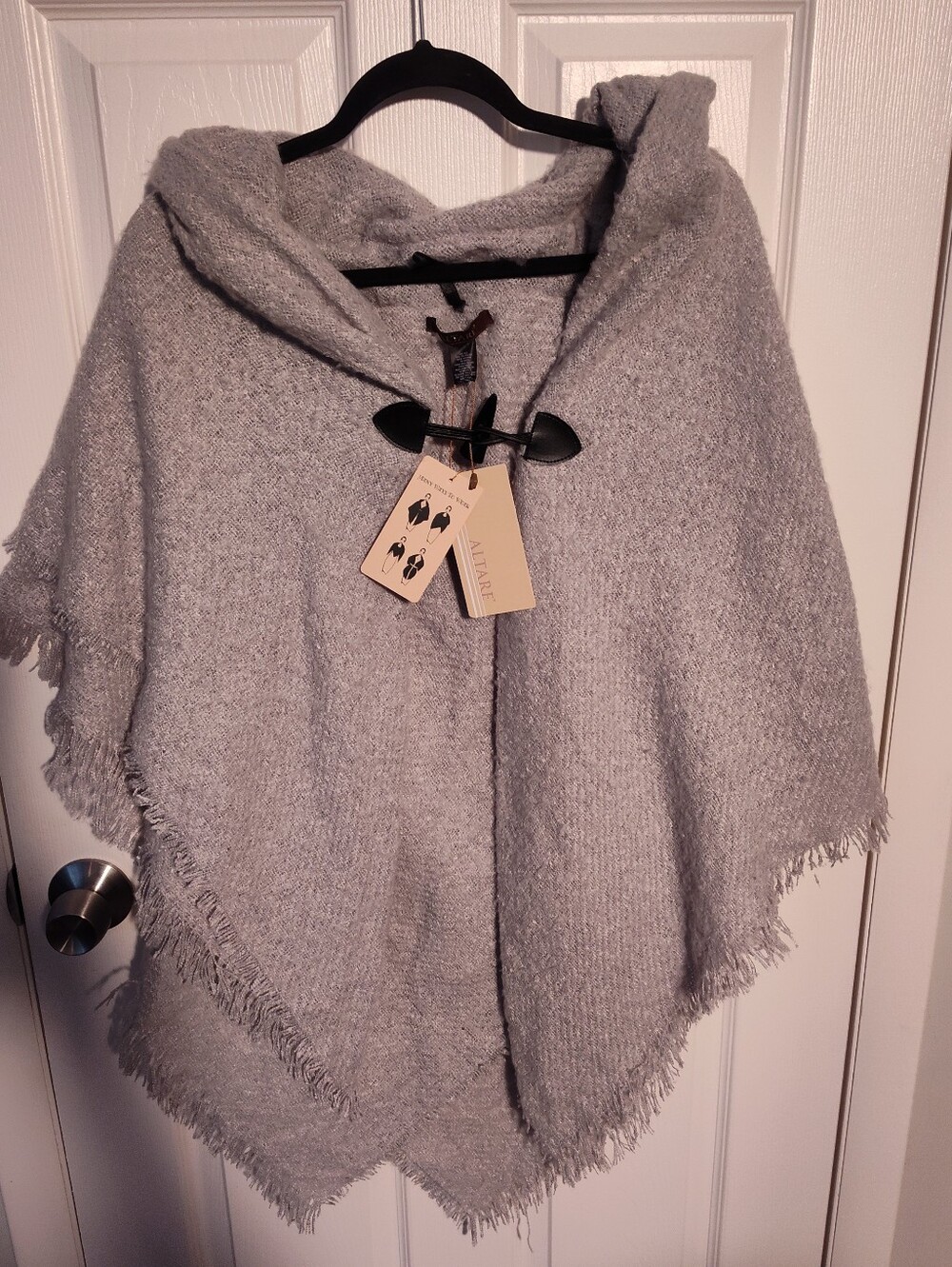 Cozy Hooded Fringe Poncho - Light Gray